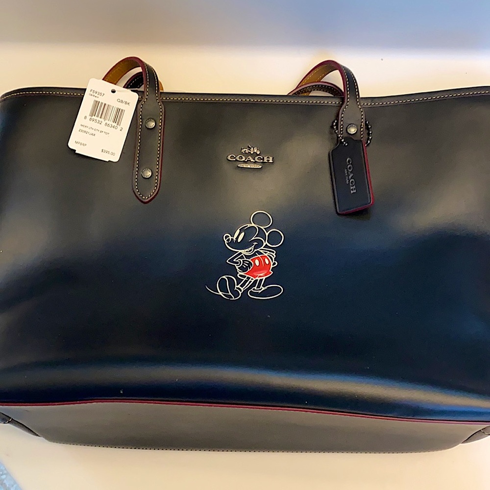 Authentic New NWT Coach Mickey Mouse Black Leather Tote Disney